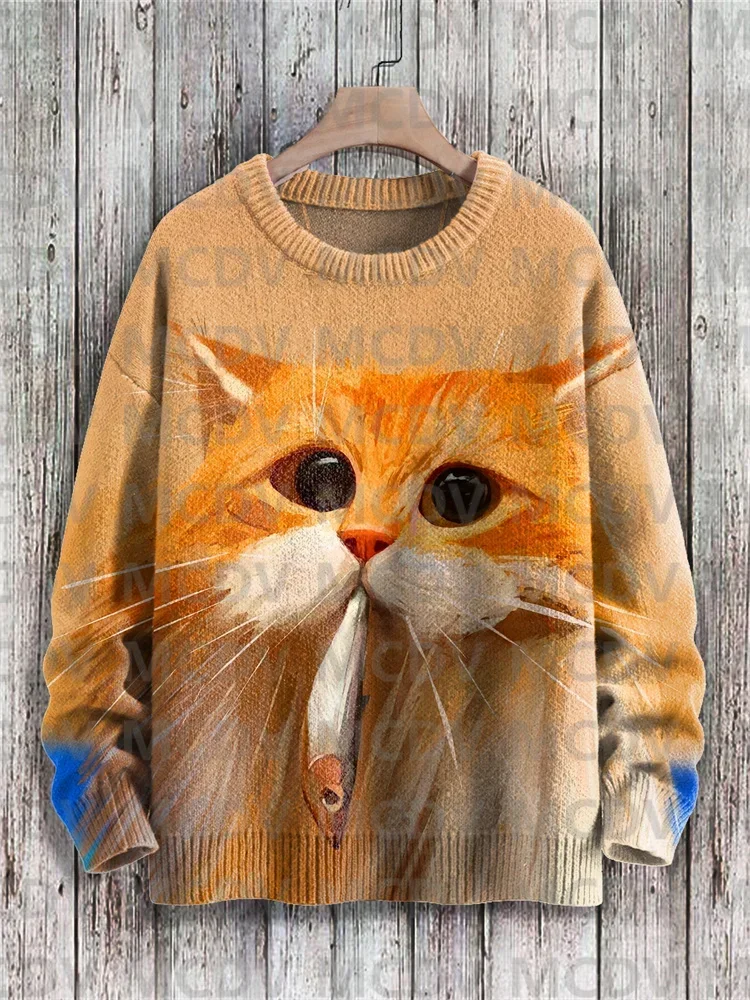 Multicolor Abstract Geometric Art Cat Print Knit Pullover Sweater Men's For Women's Pullover