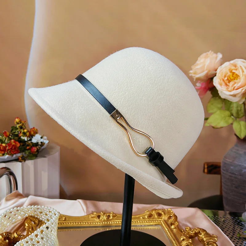 Winter new high-end wool fisherman hat fashion simple irregular curved edge metal buckle top hat women's banquet basin hat