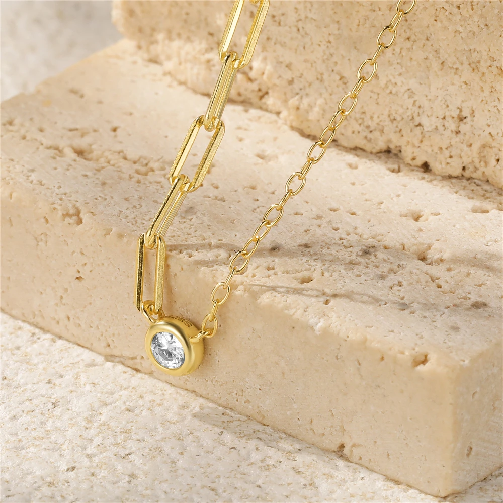 925 Sterling Silver Splice Chain Necklace Simple Round Zircon Pendant Necklace For Women Daily Jewerly 2023 New Trend