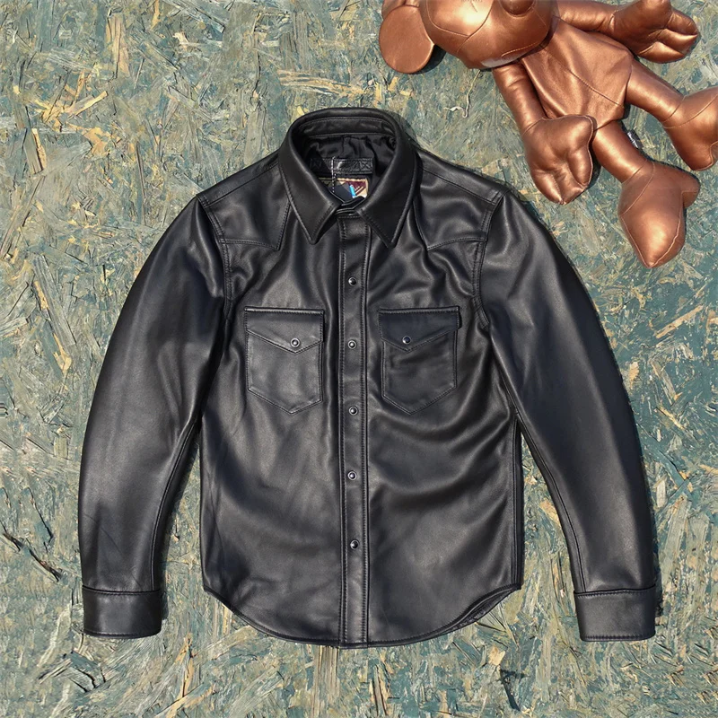 

Ultra-Thin 05mm Genuine eepskin Leather irt Men's YKK Buttoned irt Sle Faion Urban Mid-Length Coat