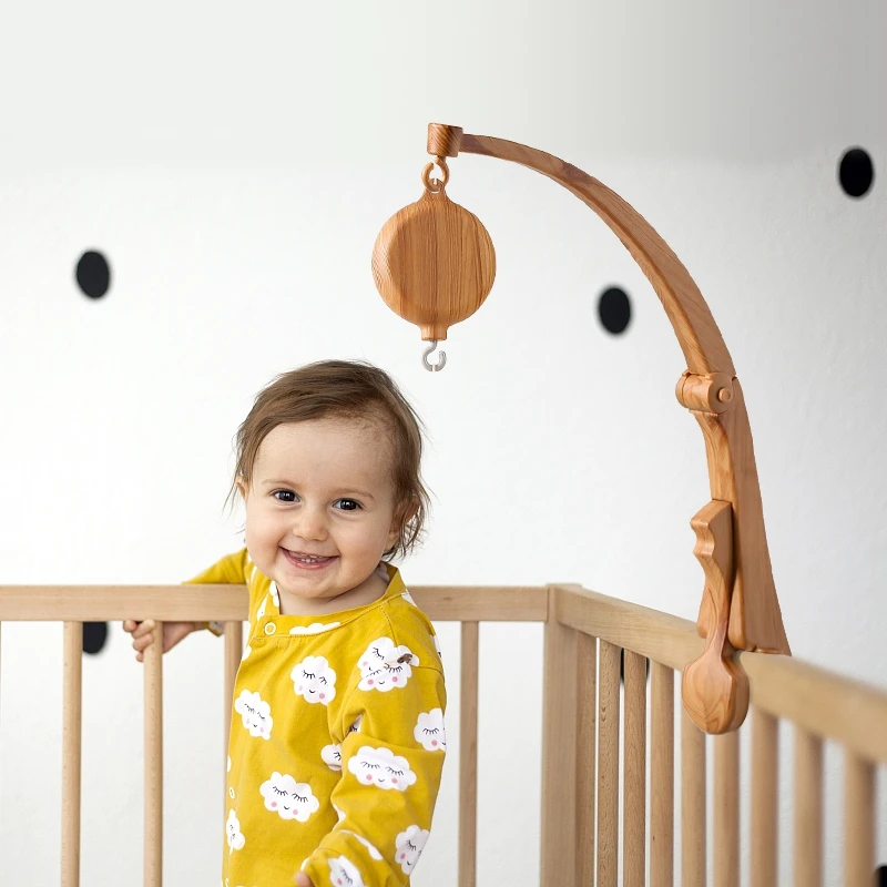 DIY Baby Crib Bed Bell Holder Arm Toy Imitation Wood Grain Infant Bed Decoration Toys Rotating Music Box Nut Screw Arm Bracket
