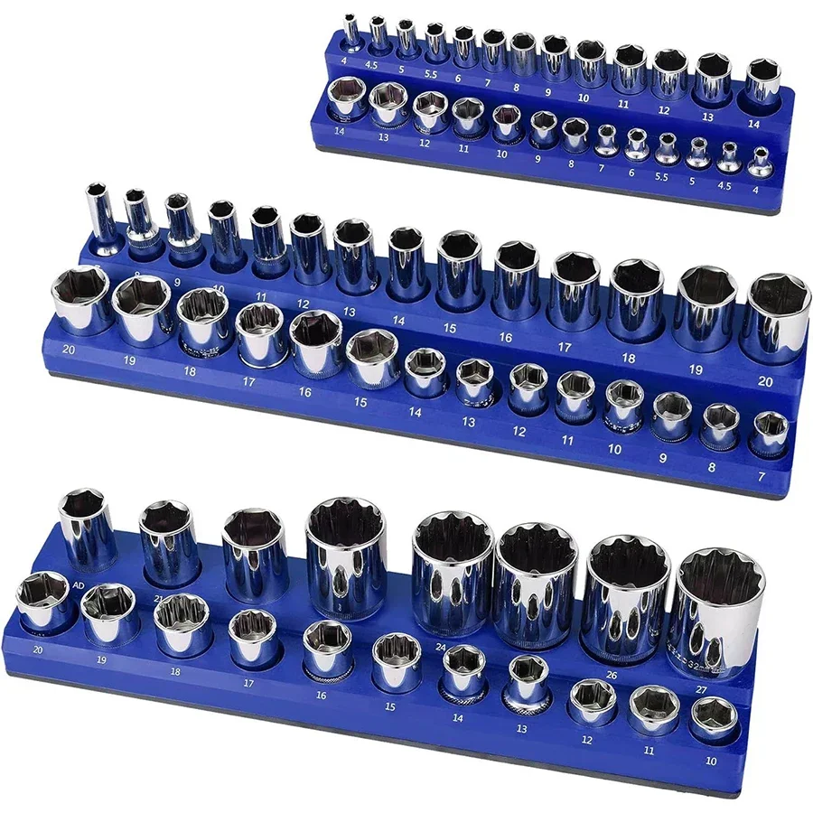 Blue Magnetic Sockets Storage Rack 1/4In 3/8In 1/2In Plastic Socket Display Holder Kit Professional Metric Tools Organizer