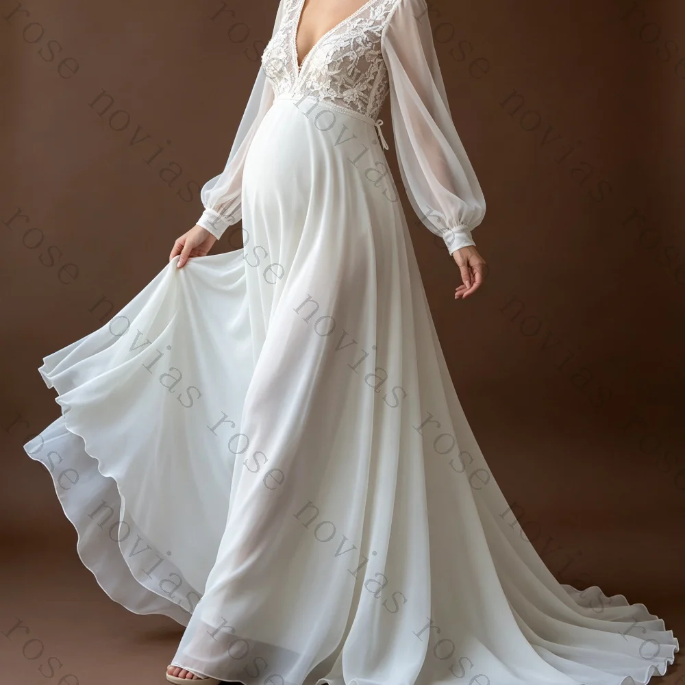 Customized  Maternity Wedding Dress 2026 V Neck Lace Puff Long Sleeve Chiffon Flowy A Line Long Train Boho Pregnant Bridal Gown