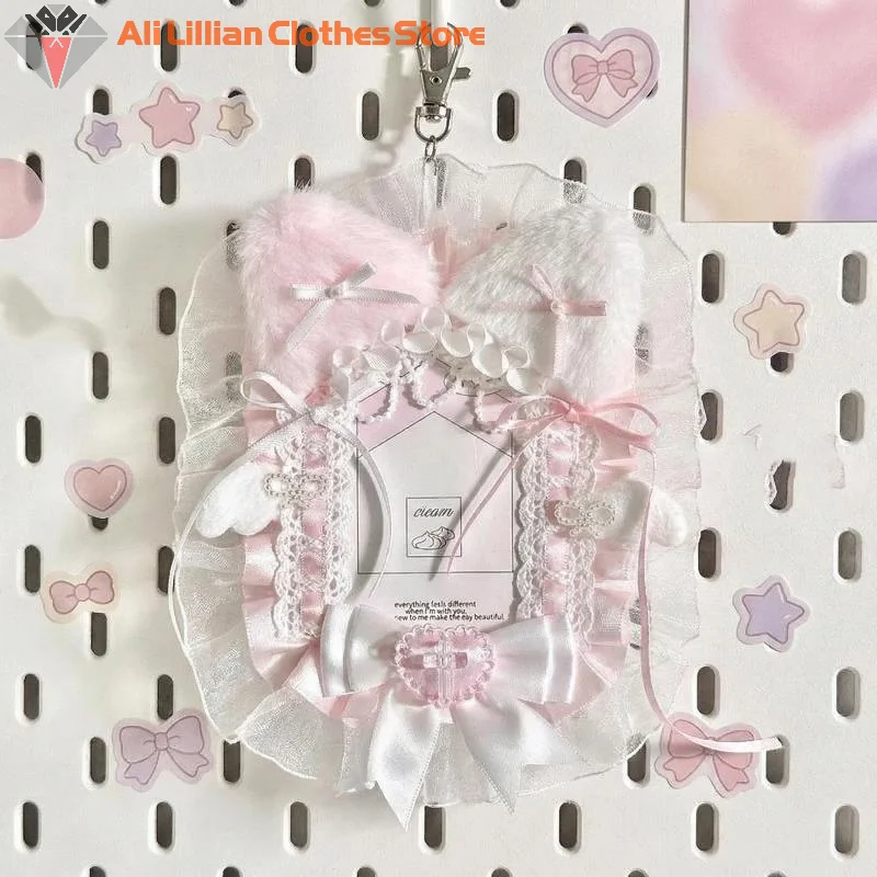 New Sale.Cute Plush Lace Photocard Holder Anime Lolita Idol Display Photo Protector Case Card With Bowknot Pendant Bag Accessory