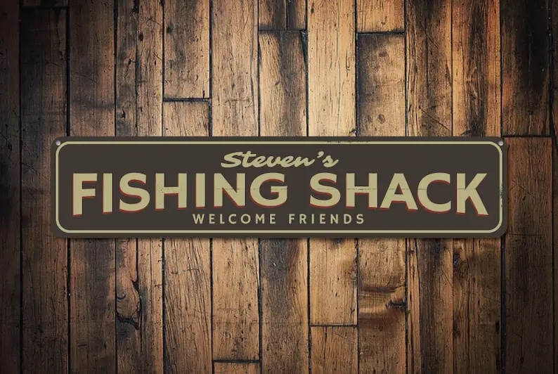 Fishing Shack Sign, Personalized Welcome Friends Fisherman Name Gift, Custom Metal Fish Lover Lake House Decor