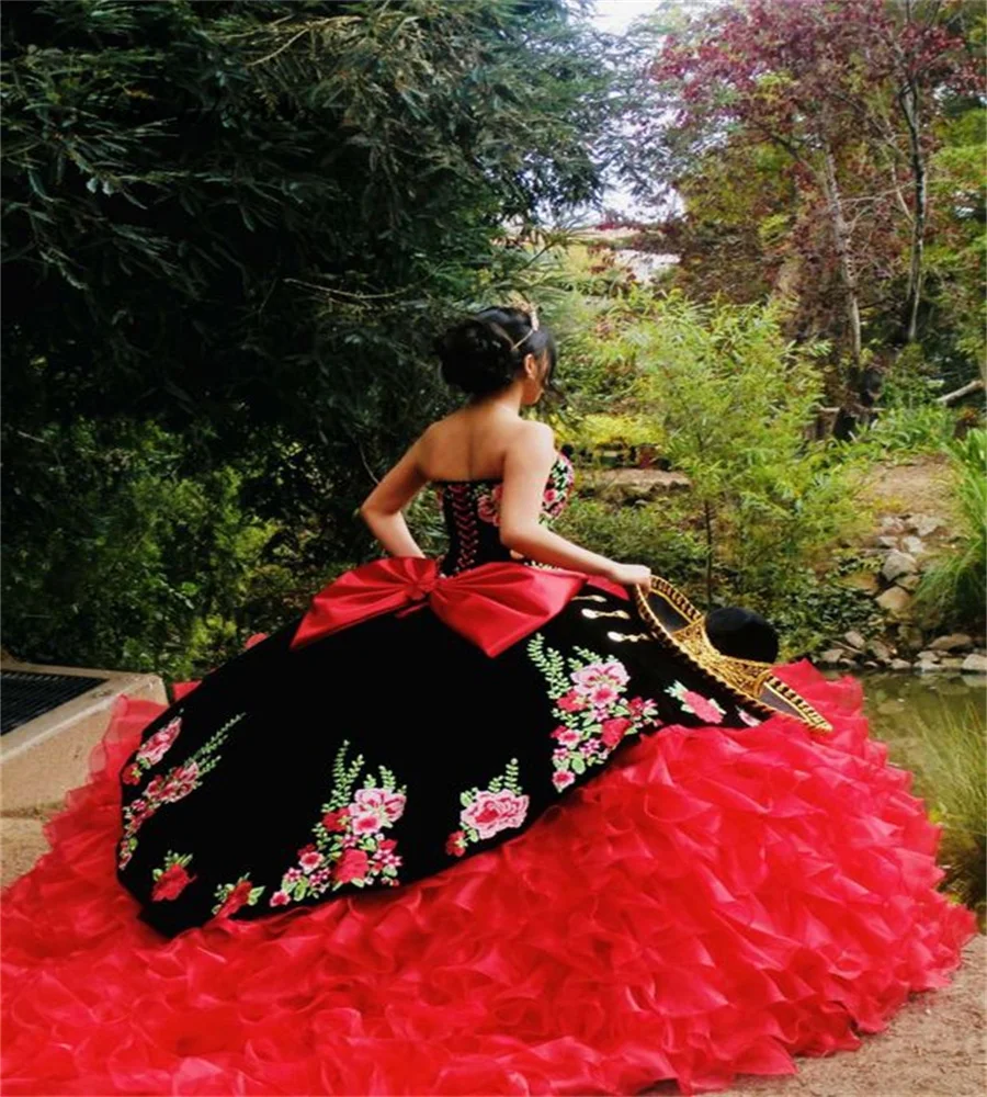 Luxo charro mexicano quinceanera vestidos organza babados bordado vestido de festa de aniversário frisado arco vestios xv 15 personalizado