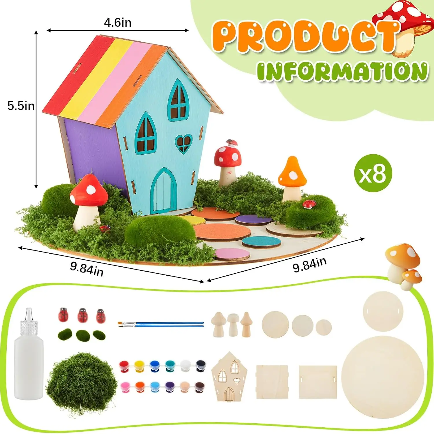 8 Sets Wooden Fairy House DIY Craft Kit for Kids with Paints & Decorations, Unpainted Miniature Garden Accessories for Home Even