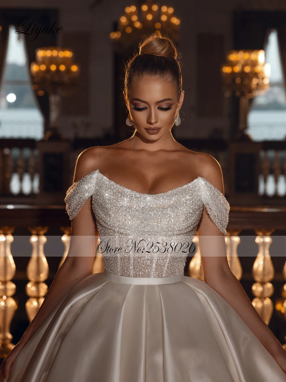 Liyuke Elegant Off Shoulder Princess Wedding Dress Luxury Stunning Satin Beading Lace Bridal Gowns Vestido De Noiva