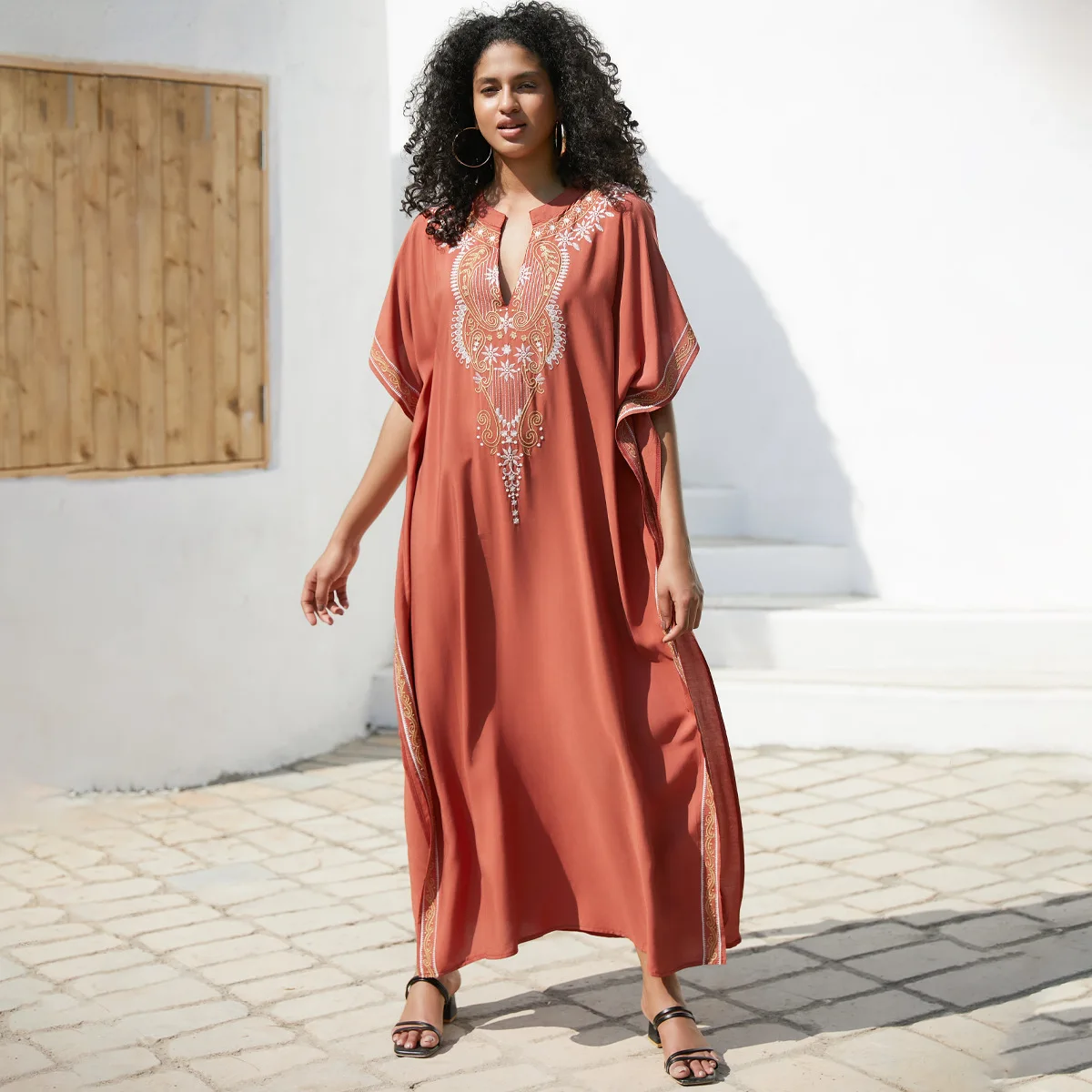 2024 Boho haft V Neck osłony do bikini lato jesień luźna sukienka Kaftan kobiety Plus rozmiar kostiumy kąpielowe strój kąpielowy Cover Up