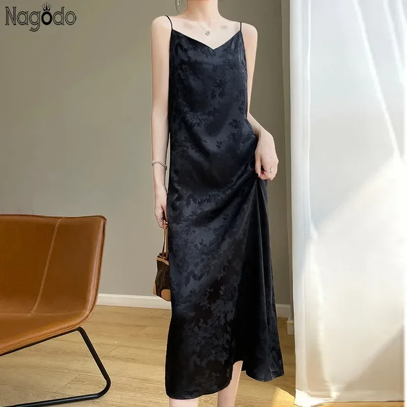 

Vintage Sexy Slim Womens's Dresses Silk Satin Sleeveless V-neck Dress Off-shouder Backless High-waist Women A-Line Long Dress