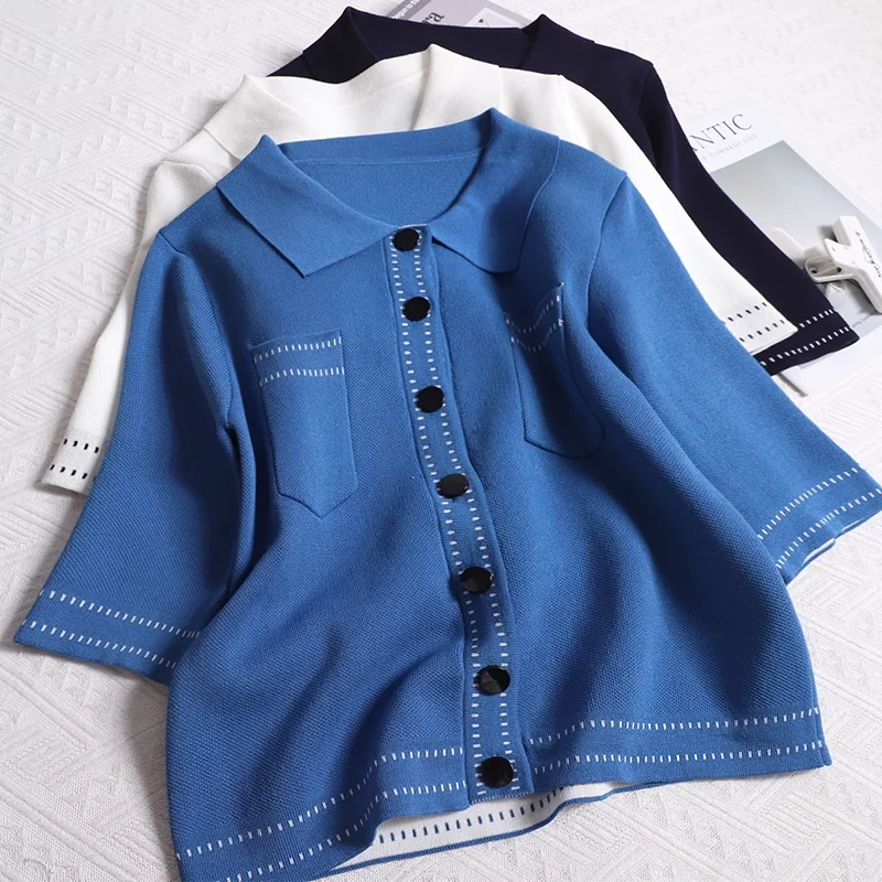 

Contrast Color Striped Patch Knitted Cardigan Women 2025 Summer Short Sleeve Single Breasted Pockets Sweater Crop Top