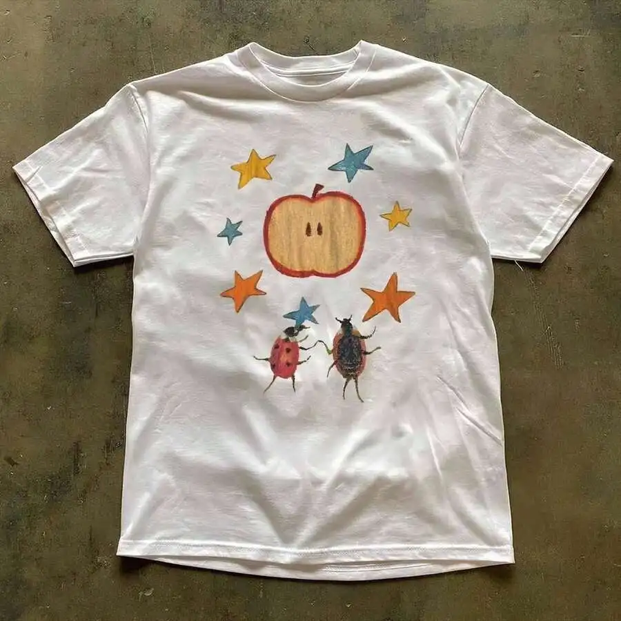 Women Unisex Vintage Washed Streetwear Tops 1Pc Oversized Crew Neck Cute Cartoon Apple Ladybug Star Print Soft Casual Short Sleeve Tees