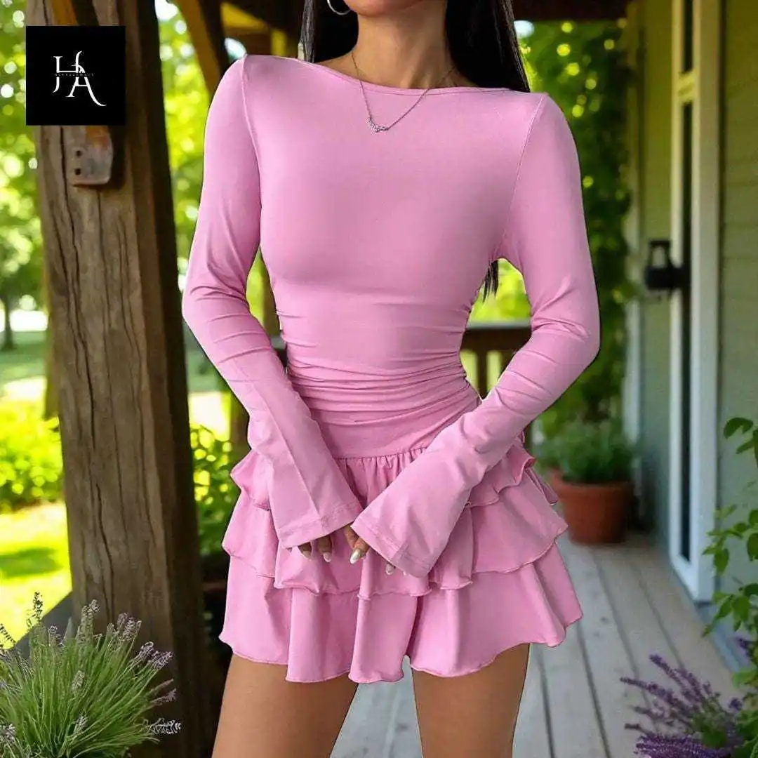Damen-Kleid mit Rundhalsausschnitt und langen Ärmeln, figurbetont, mit geraffter Taille, mehrlagigem Rüschenrock, schmal geschnitten, Minikleid, lässig, Streetwear, Club, Party – Detail 14
