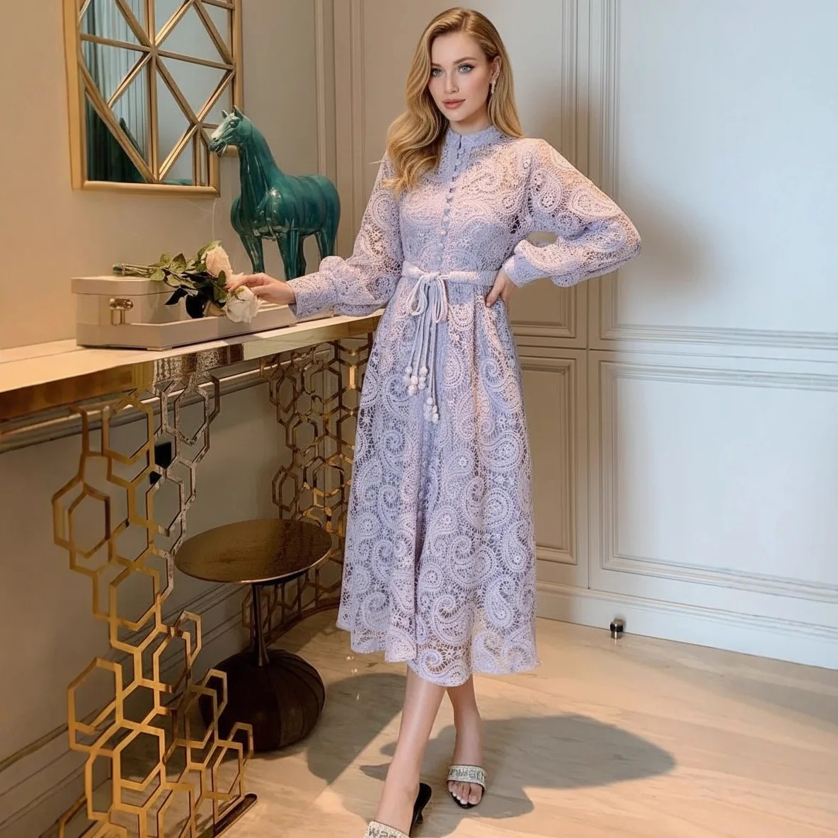 

Cross-border 2026 Early Autumn New Niche Design Lace Hollow Lantern Long Sleeve Slim Lace Long Dress Women