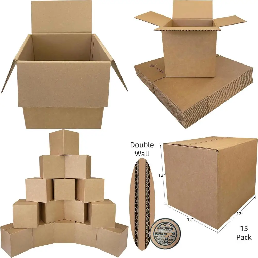 

Heavy-Duty Corrugated Moving Boxes, 12x12x12 Inches, Pack of 15
