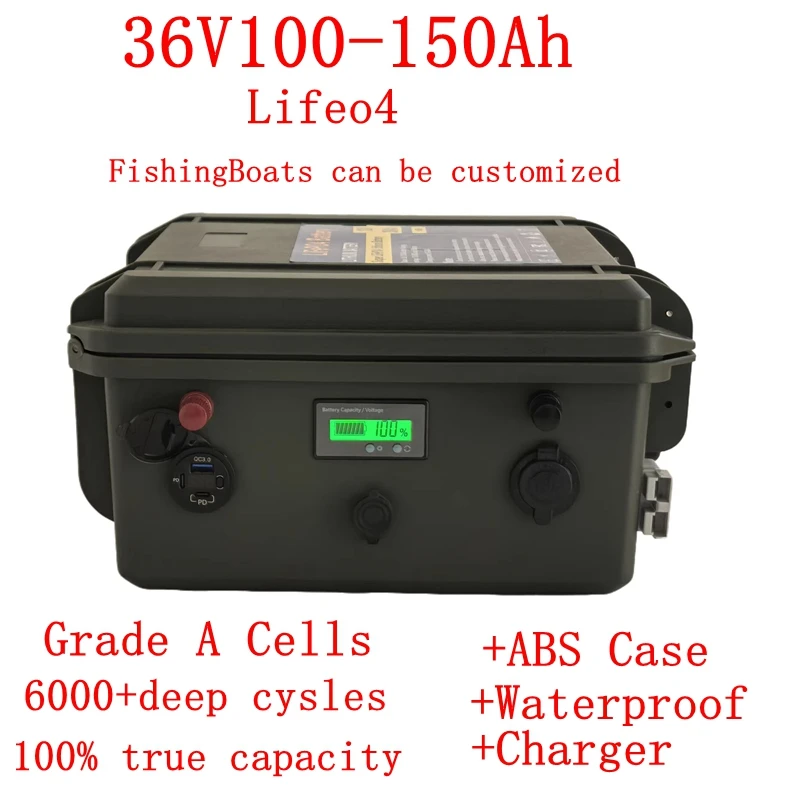 Waterproof 36V 150Ah 100Ah 120Ah LiFepo4 lithium battery pack with BMS for fishing boats solar system motor EV RV+10A charger