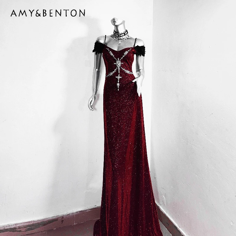 

Halloween Original Dark Gothic Women's Clothing Original Design Wine Red Sparkling Diamond Sexy Tail Dress Long Gown for Women