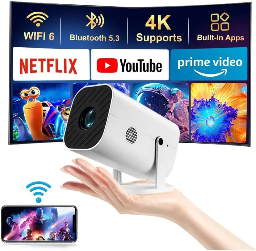

1080P Portable Projector with WiFi 6 & Bluetooth 5.3, Built-in Apps, Electric Focus, 210° Rotation, for Home Theater & Gaming