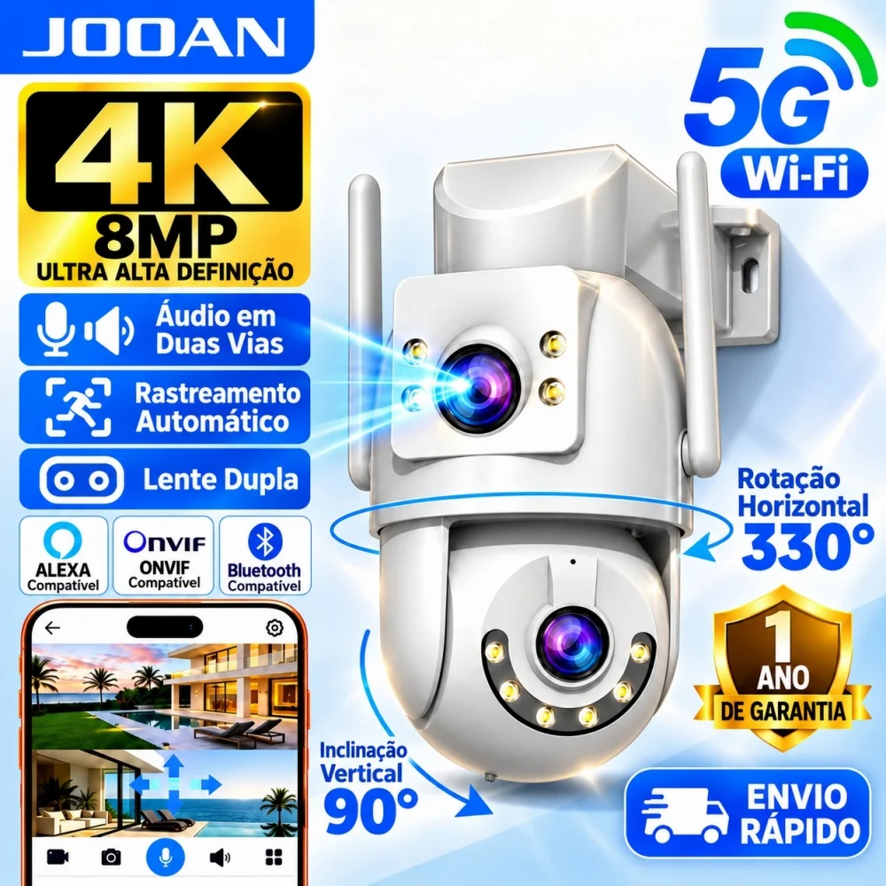 Jooan 4k 8mp hd wifi câmera ptz ao ar livre 5g wifi lente dupla câmeras ip de segurança 5x zoom ai rastreamento onvif cctv câmera de vigilância