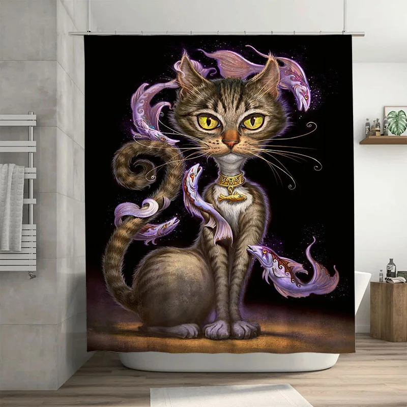 

Fantasy Cat Shower Curtain with Magic Fish Design Decorative Bathroom Waterproof Fabric Backdrop Dark Green Background Metallic