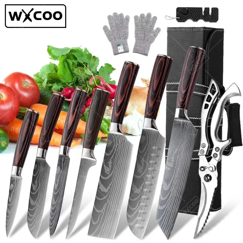 WXCOO-cuchillos de cocina japoneses, juego de cuchillos de acero rico en carbono, cuchillo para deshuesar carne, Santoku, cuchillo para tallar carnicero con funda