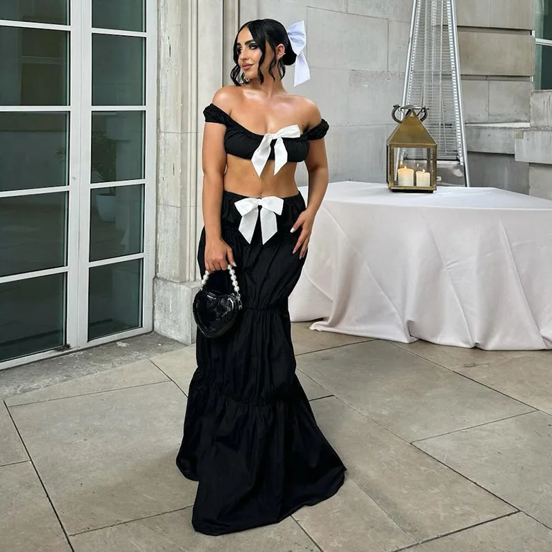 

2 Pieces Set Women's Prom Dress Bow Summer Sexy Top Bra+Sleeveless Hot Girl Casual Daily Long Party Gown