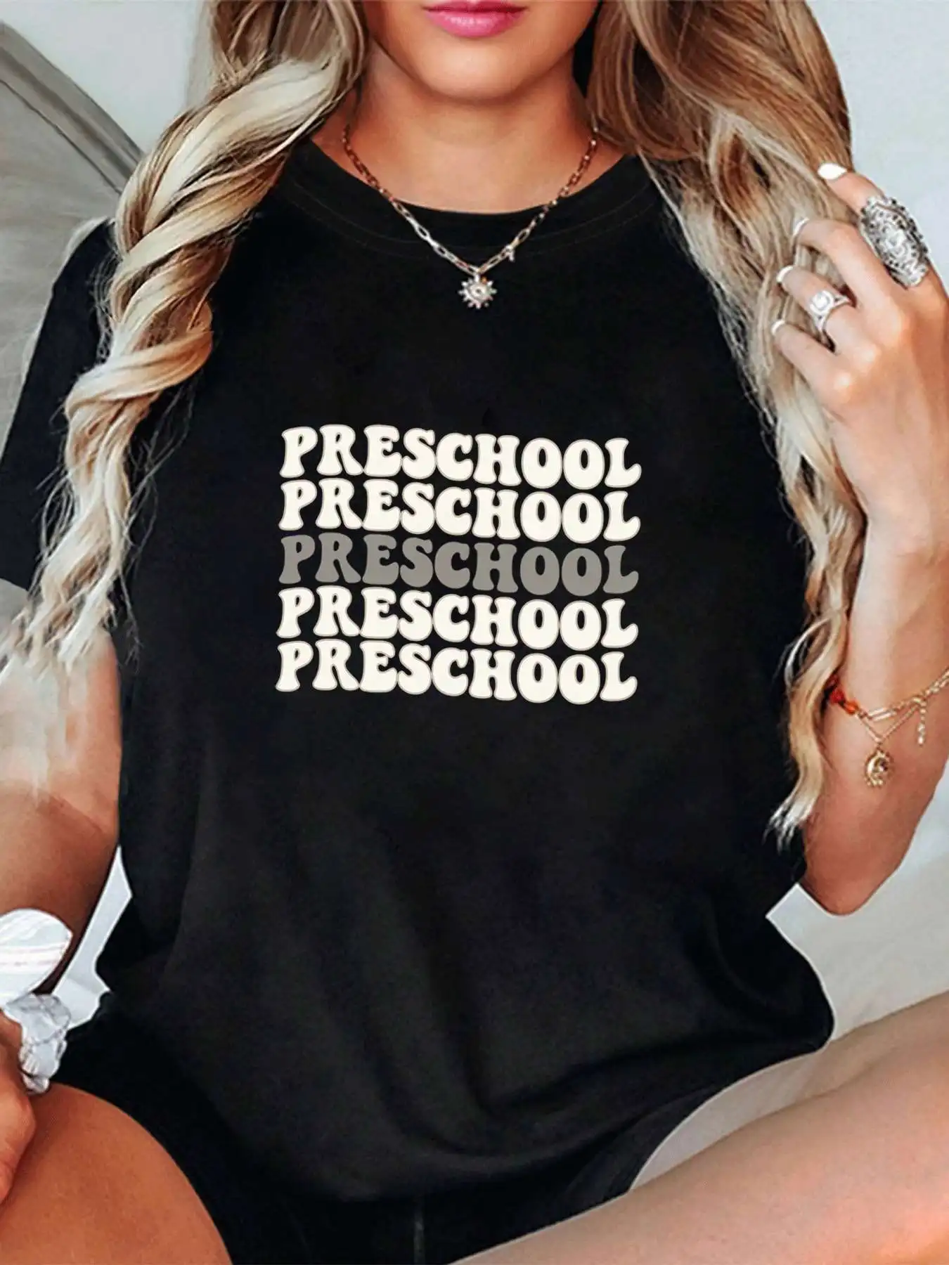 

【1145366】Plus size women's round neck short sleeve T-shirt with elastic half sleeves and trendy prints