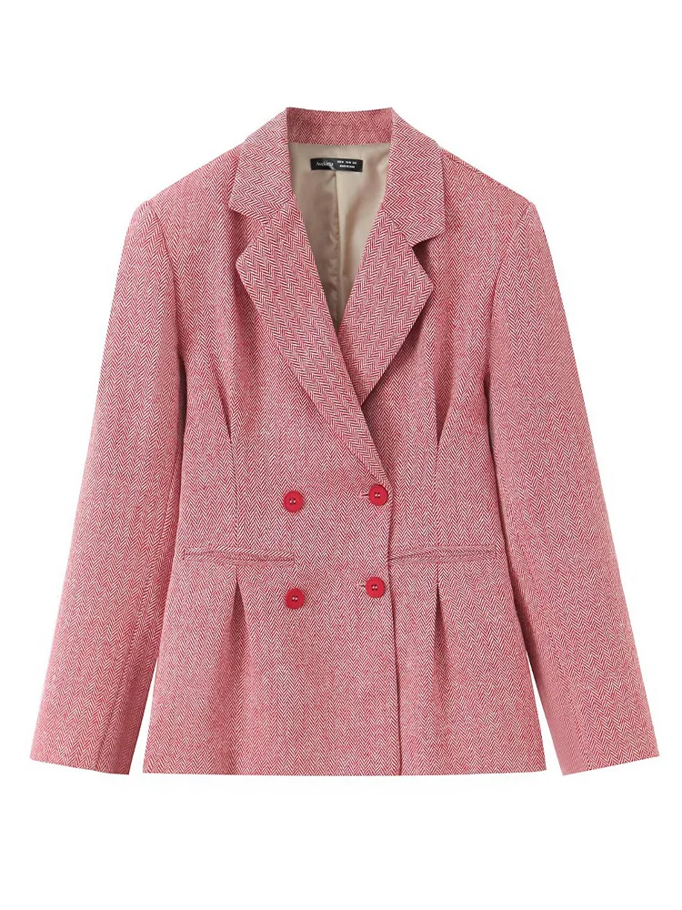 HH Woman Early Fashion Double Breasted Decoration Waist Blazer Female Spring Slim Long Sleeves Turn-down Collar Commuting Coat