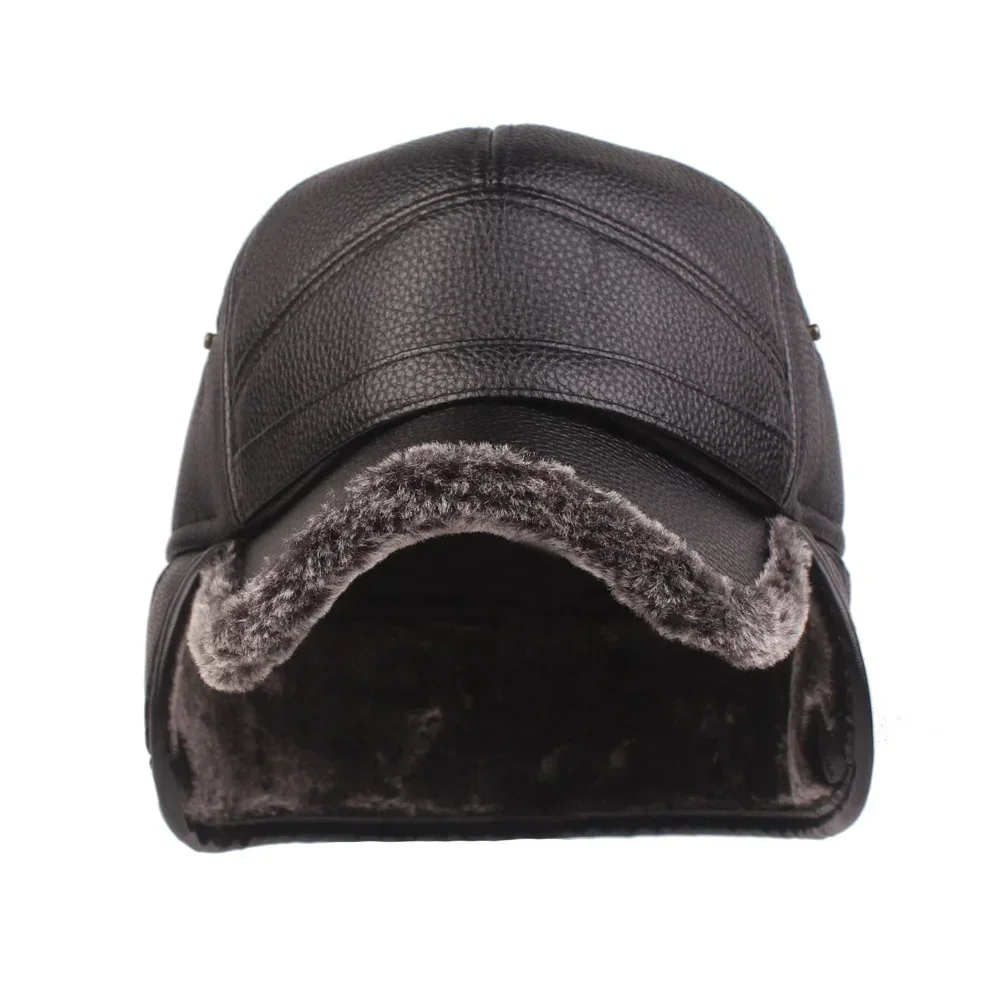 2024 New Winter Mens Leather Cap Warm Baseball Cap with Ear Flaps Thick Fur Caps for Winter Bomber Hats