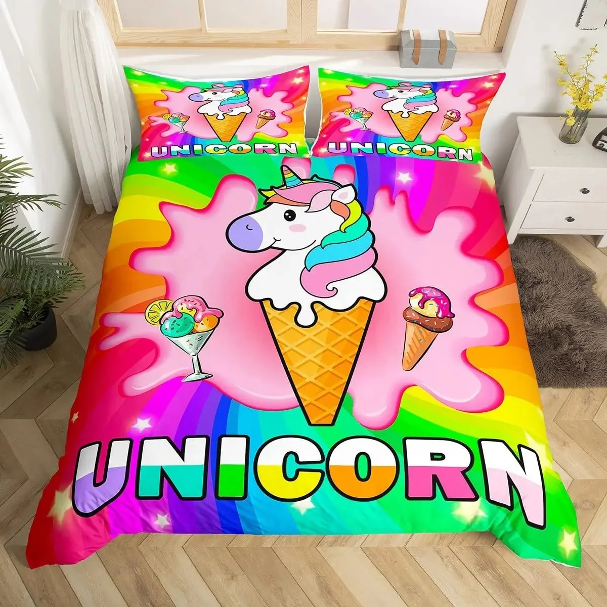 

Rainbow Unicorn Duvet Cover Cute Dreamy Horse Comforter Cartoon Little Unicorn Bedding Set Twin for Girl Teen
