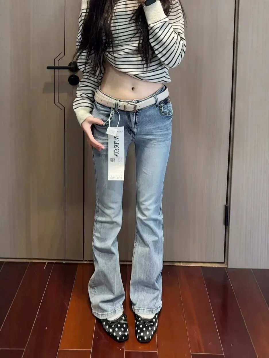 plus Size American Retro Leopard Print Patchwork Jeans Women Low Waist Slim Fit Casual Versatile Flared Long Pants