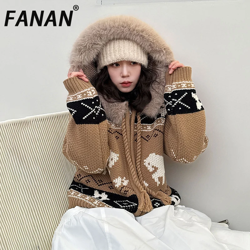 

FANAN Elegant Print Knitting Sweater For Women Hooded Design Faux Fur Drawstring Long Sleeve Thick Warm Coats Winter New