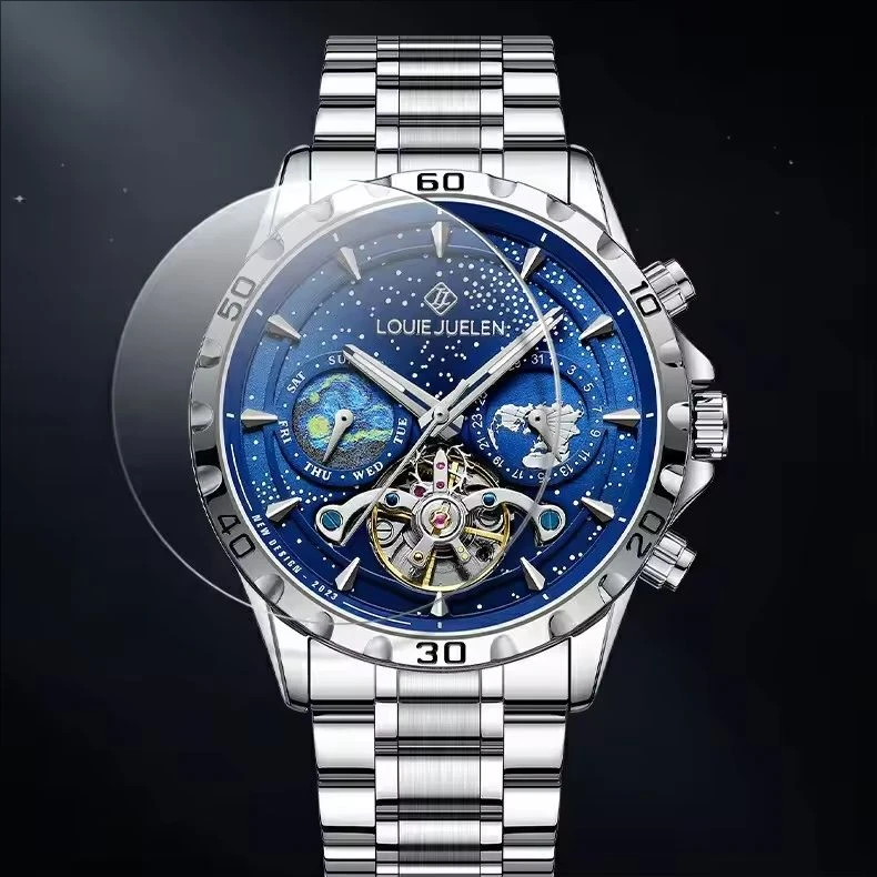 LOUIE JUELEN Starry Ocean Series Three Eye Mineral Reinforced Glass Mirror Men's Fully Automatic Mechanical Watch
