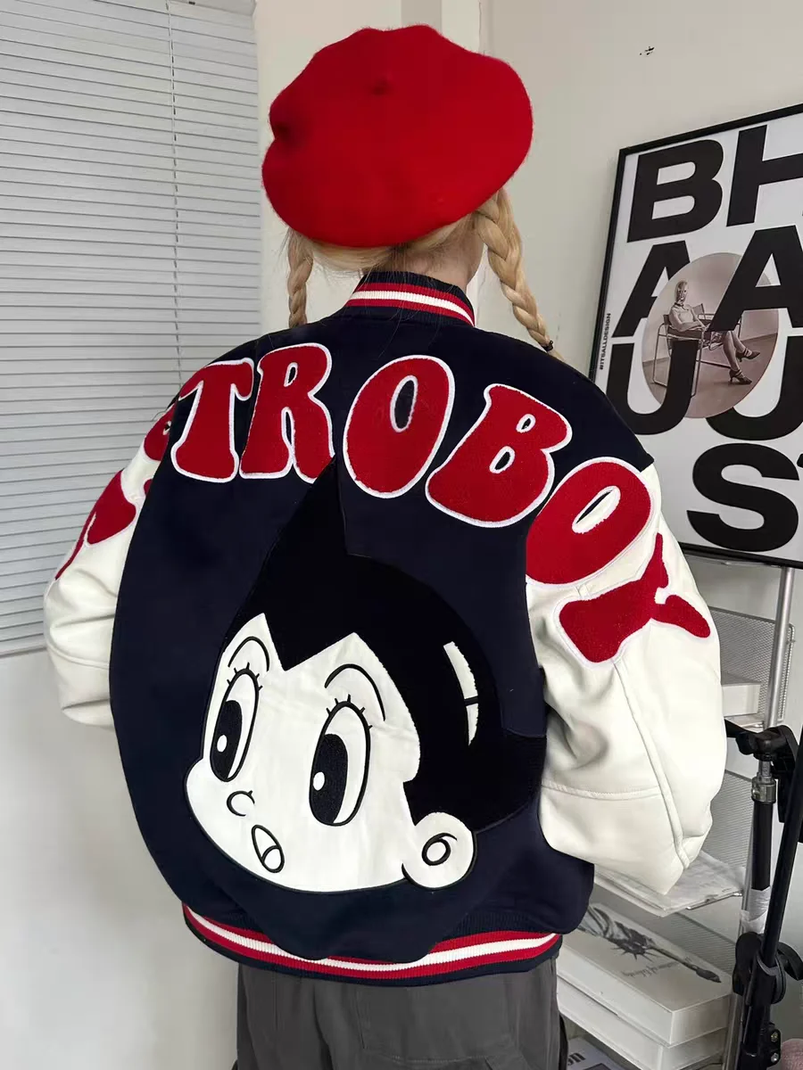 

Retro American Floing Embroidery Astro Boy Baseball Jaet Women's Autumn Winter Cotton Sandwich Trendy Brand Couple Jaet...