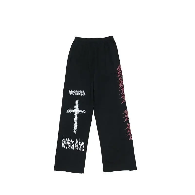 Pantalones de pierna ancha INS estilo Harajuku estilo japonés creativo explosivo calle Cruz oscura Graffiti tubo recto pantalón protector de pierna ancha