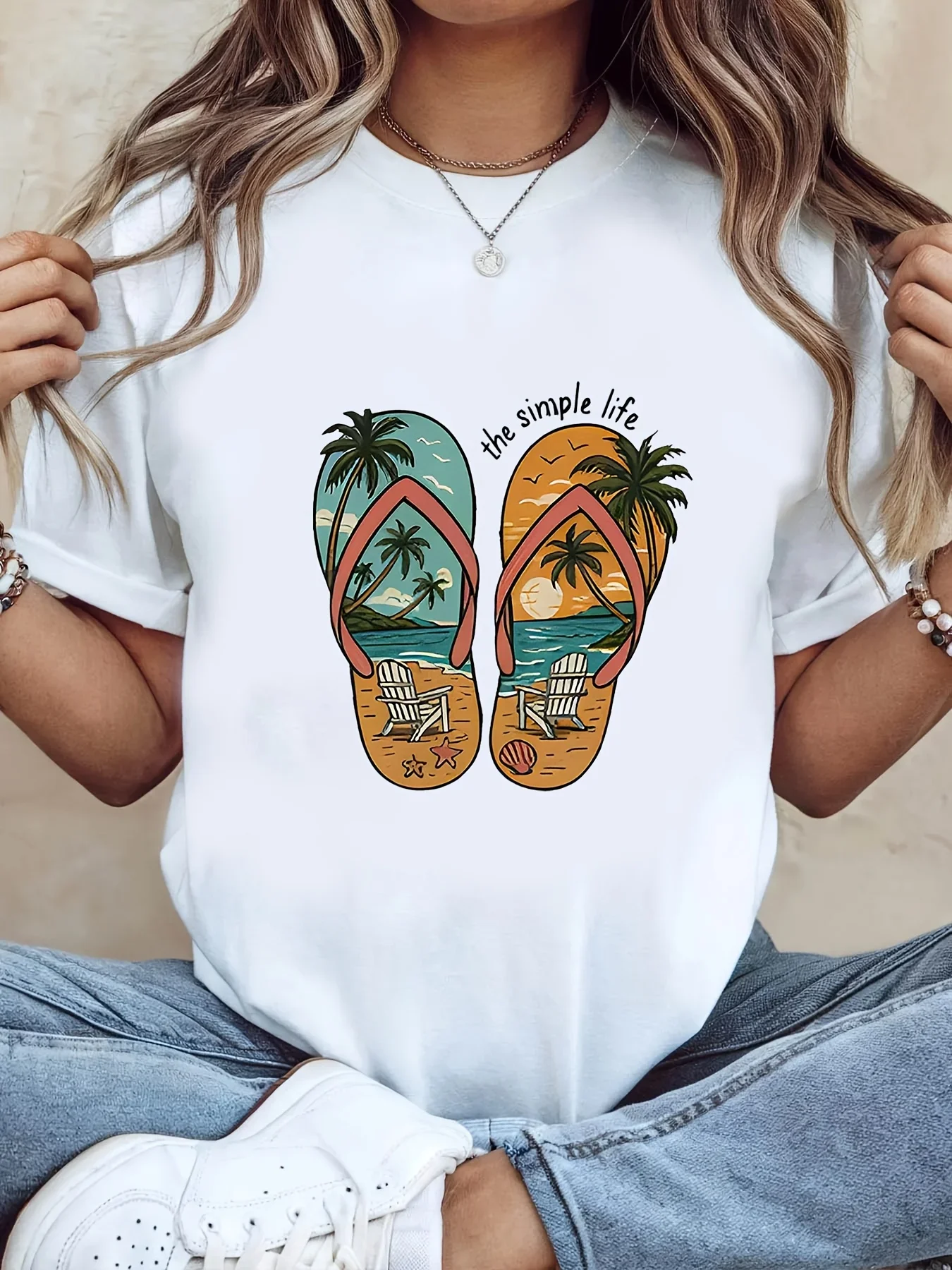 Beach Outfits Featuring Illustrations of Palm Trees Beach Chairs and Flip-Flops with A 'The Easy Life Print Aesthetic Clothes