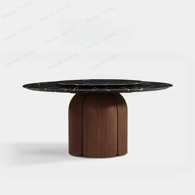 Solid wood round dining table marble rotating disc small apartment dining table