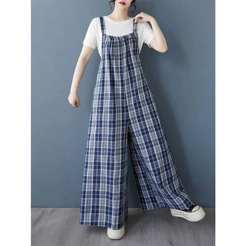 

Plaid Jumpsuits Women Loose Workwear Sleeveless Playsuits Safari Style One Piece Outfits Women Casual Overalls Wide Leg Pants