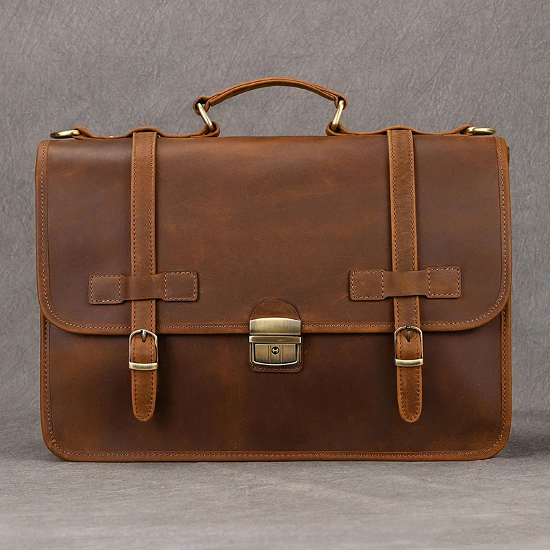 Vintage Genuine Leather Business Briefcase for Men, Top-Grain Cowhide, Shoulder & Crossbody, Messenger Bag