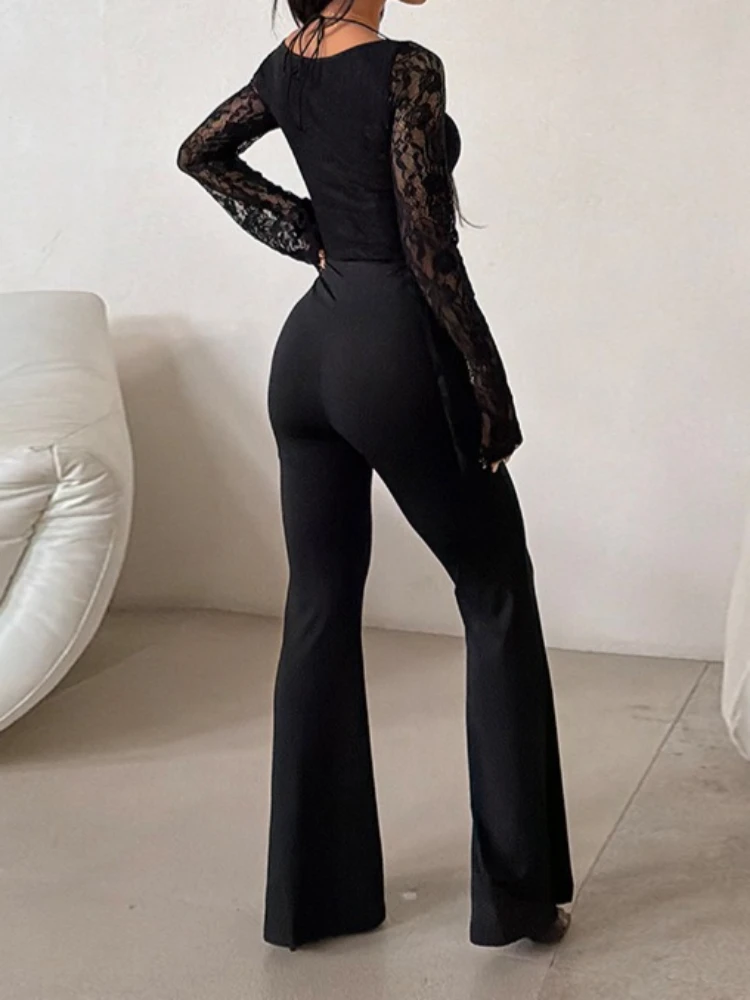 섹시한 블랙 레이스 패치워크 점프수트 여성 트렌디 홀터넥 긴팔 레이스업 속이 비치는 슬림 플레어 팬츠 원피스 오버올