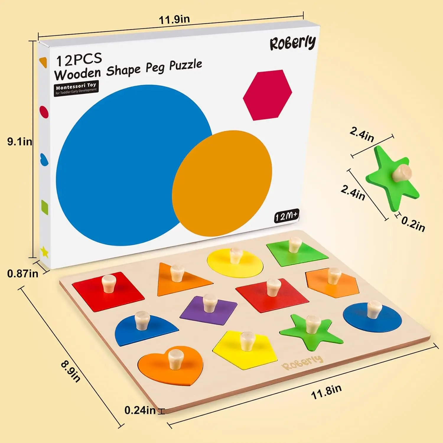 รูปร่างปริศนาไม้สำหรับเด็กวัยหัดเดิน 1-3,ของเล่นมอนเตสซอรี่ Peg Puzzle เรขาคณิตกระดานจับคู่สีสำหรับเด็กผู้หญิงเด็กชาย 12-18-24 เดือน