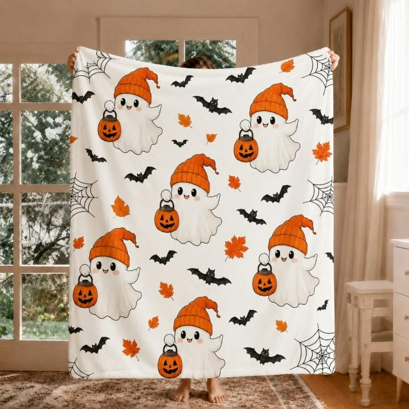 Beanie Hat Ghost Pumpkin Pail Bat Maple Leaf Print Throw Blanket, Cozy Halloween Seasonal Throw Blanket for Home