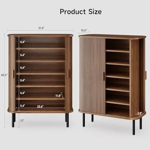 6-Tier Shoe Cabinet with Sliding Door, Wooden Shoe Storage Cabinet with Adjustable Shelves, Mid-Century Modern