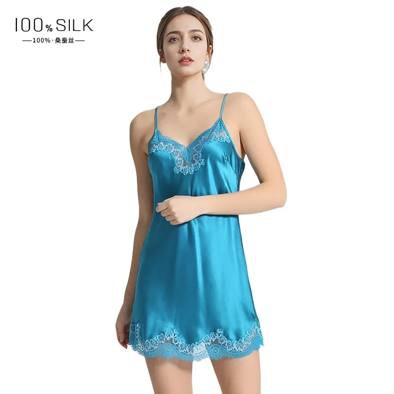 

100% Mulberry Silk Sleeveless Nightdress Slip Pajama Dress Chemise Nightwear Embroidered Mini Nightgown Sheer Lace Sexy Lingerie