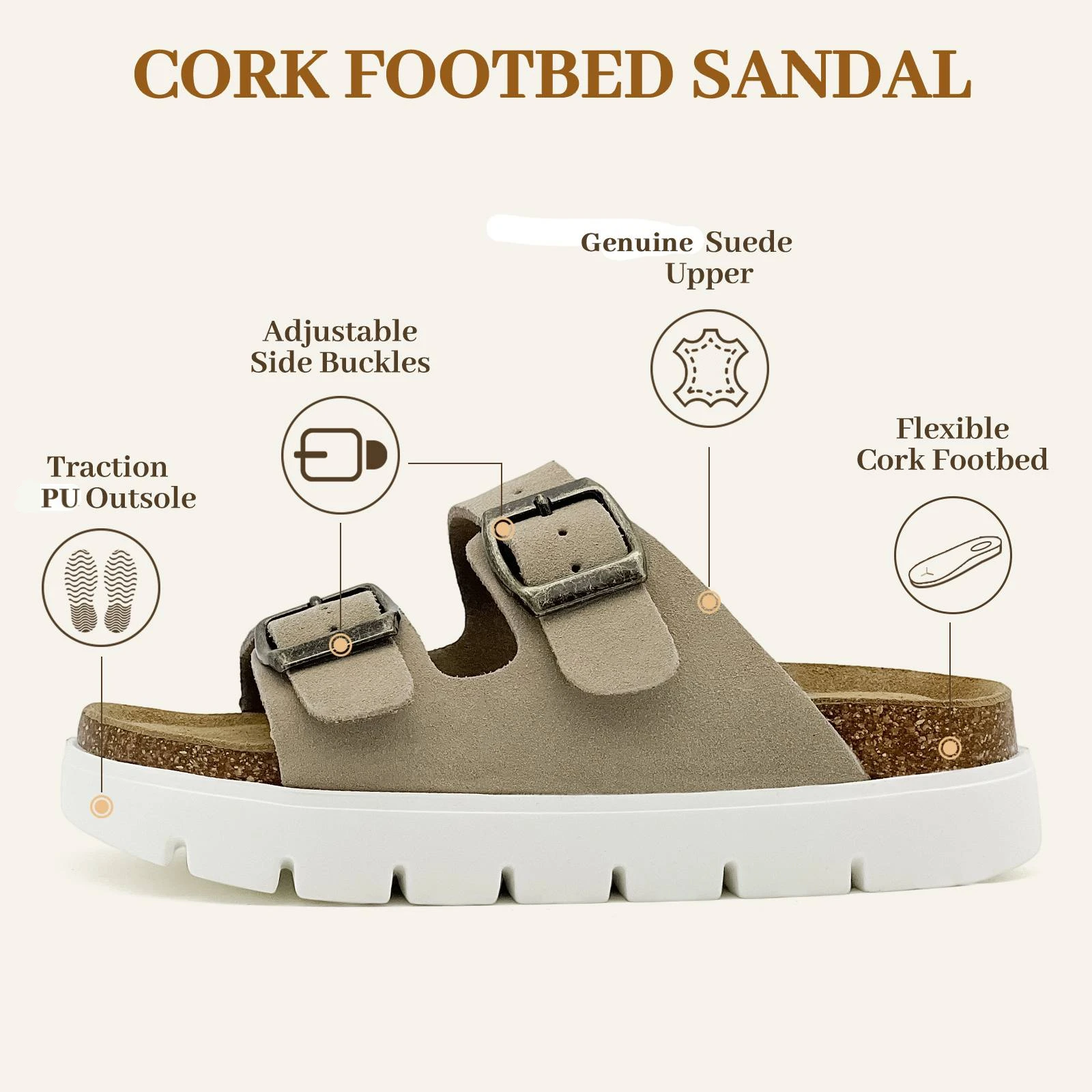 Big Kids Genuine Suede Platform Cork Sandals Adjustable Buckles Arch Support Footbed Chunky Non-slip Summer Boys Girls Slides