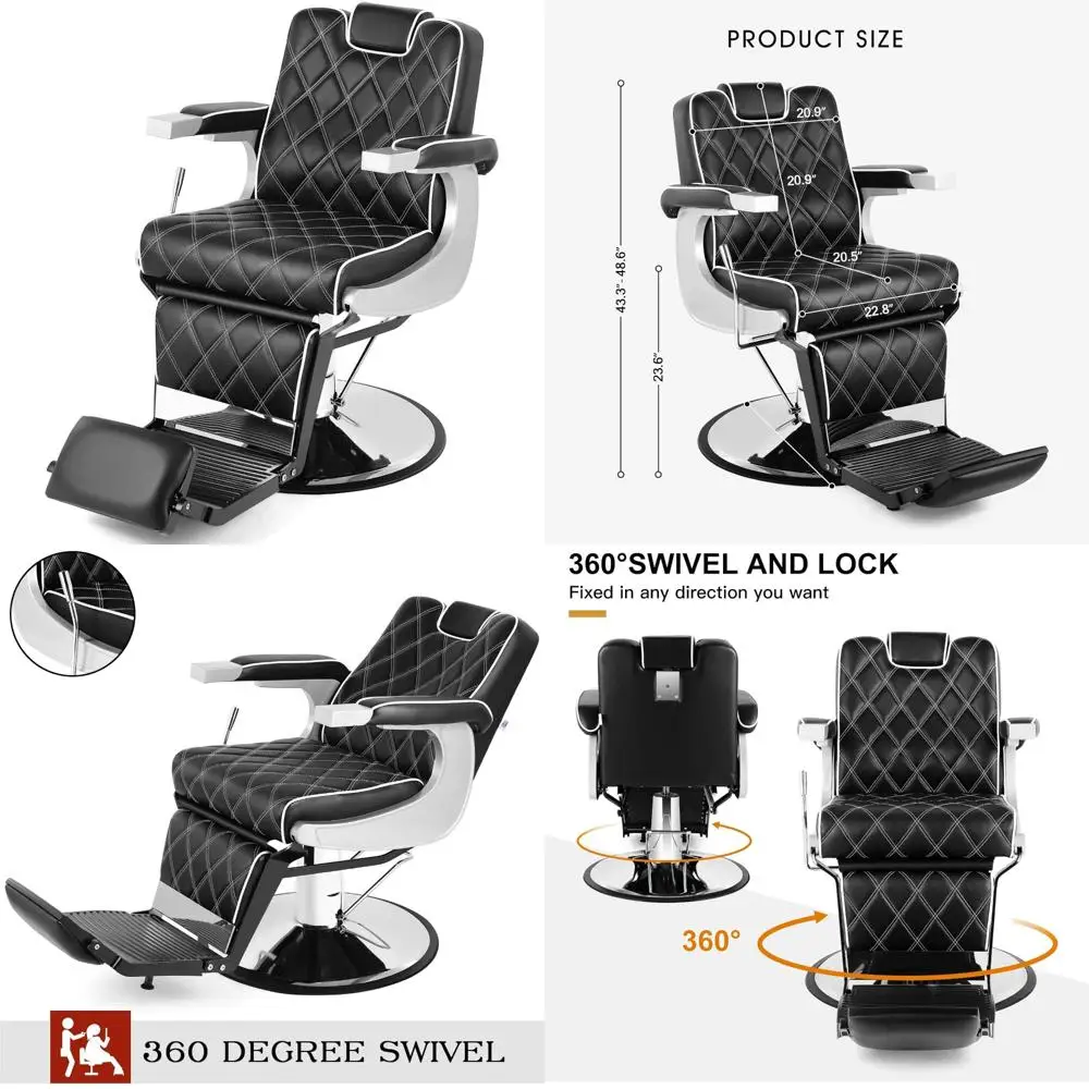 스타일리시한 헤비듀티 빈티지 이발 의자, 유압식 리클라인 기능, 살롱 및 스파용, 블랙