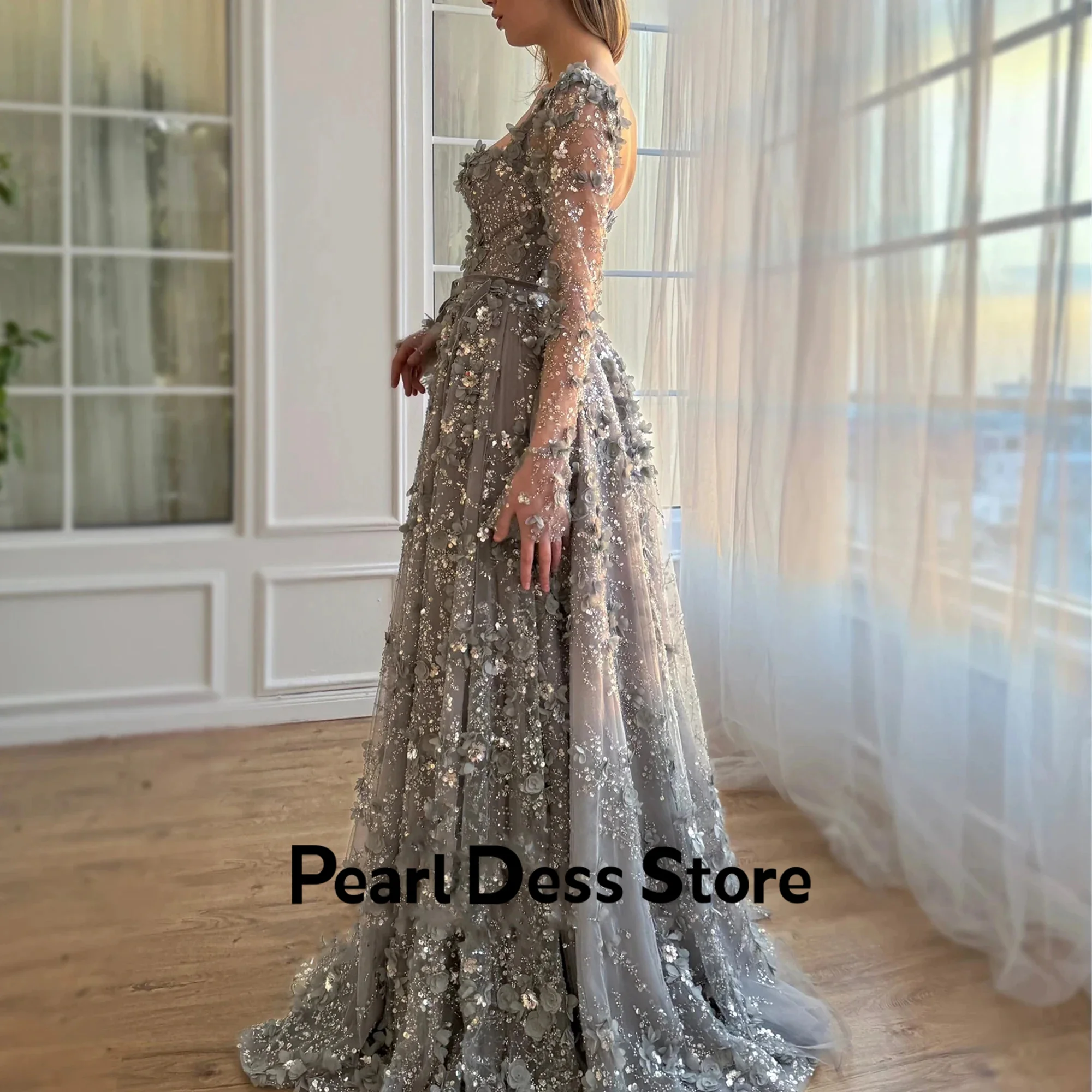 Pearl Embroidered Lace Dresses Gala Dresses Woman 2024 for Party Grey Elegant Chic Dress Es Square Collar Long Sleeves Evening