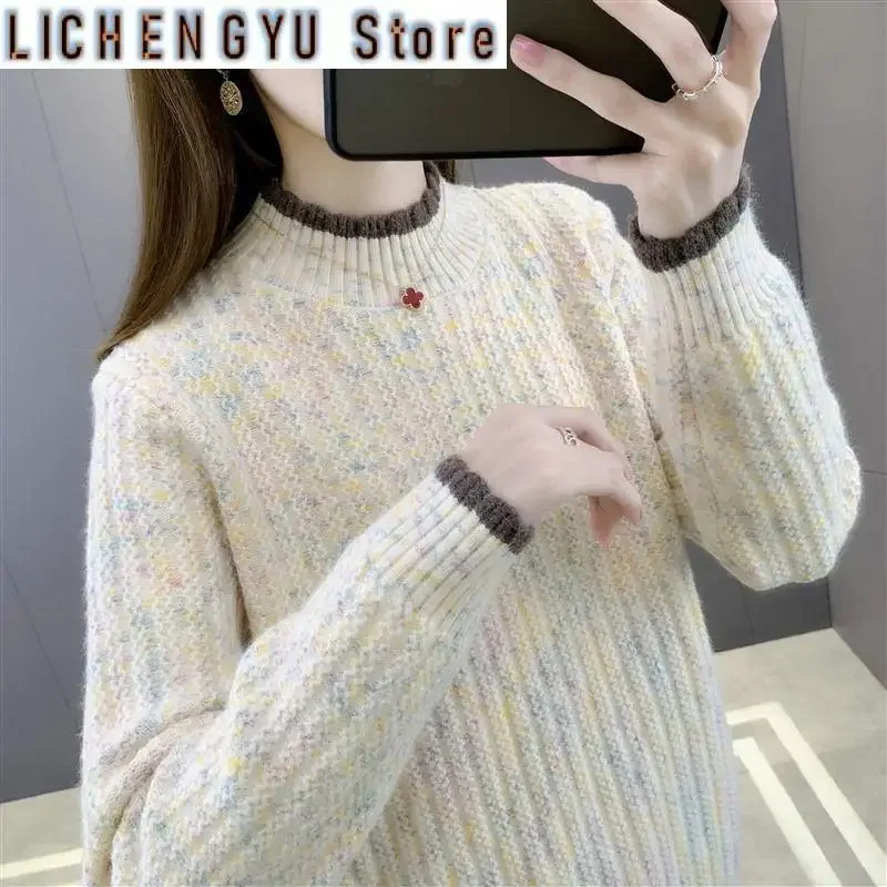 Women's Clothing Long Sleeve Half High Collar Screw Thread Contrast Color Pullover Sweater Knitted Elegant Autumn Winter Tops
