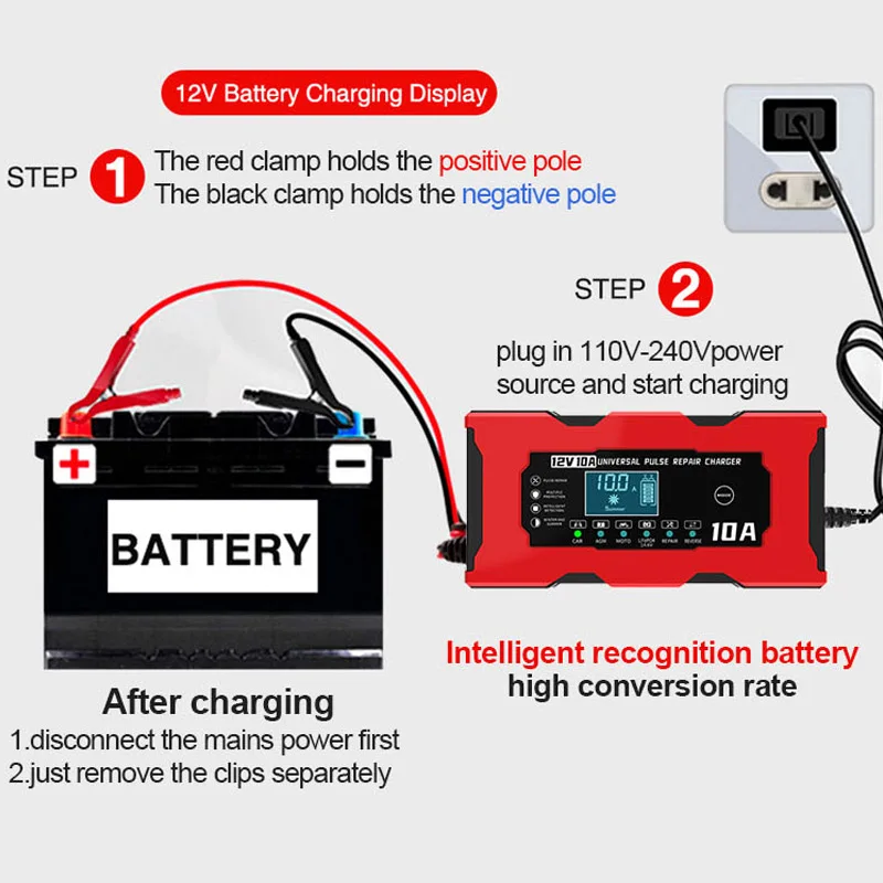 Caricabatteria da auto 12V 10A per Lifepo4 piombo acido AGM GEL PB caricabatteria da auto caricabatteria da auto riparazione a impulsi caricabatterie intelligente Display LCD
