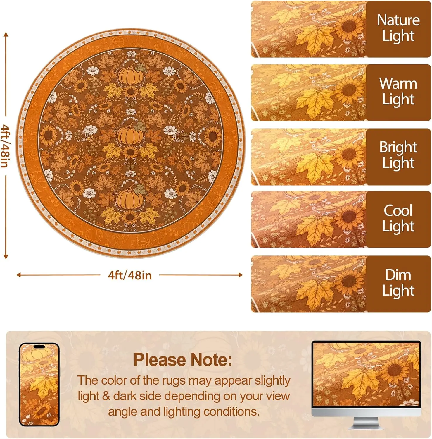Fall 4x4 Round Area Rug Washable Non Slip, Pumpkin Soft Throw Rug